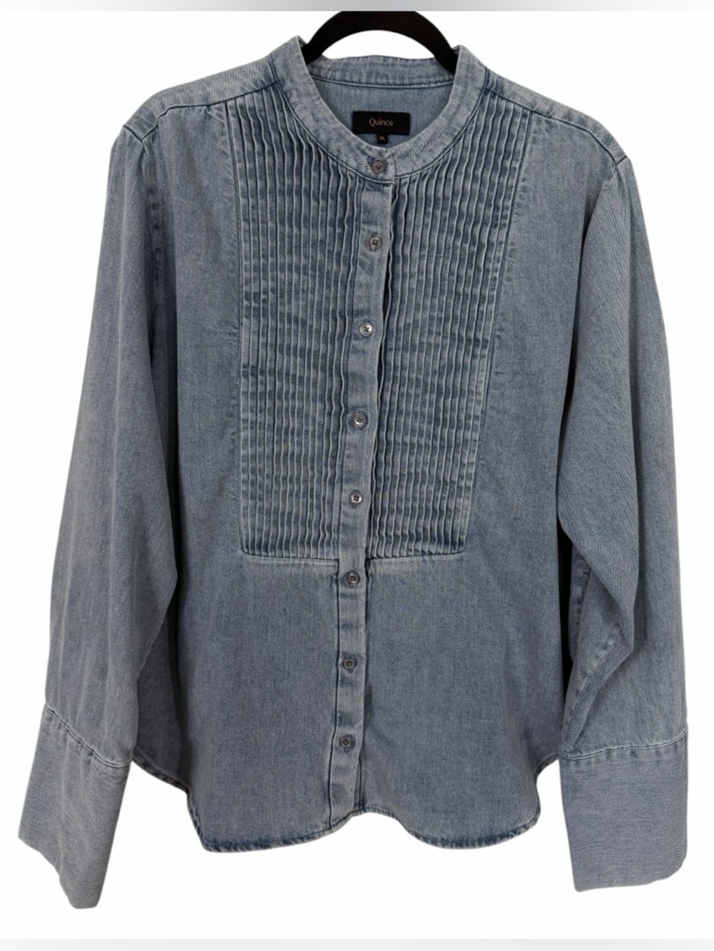 Quince Distressed Denim Tuxedo Shirt Pleated Placket Size XL